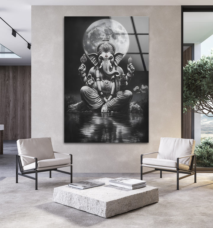 A timeless black and white glass wall art of Lord Ganesha, enhancing any spiritual or modern decor.
