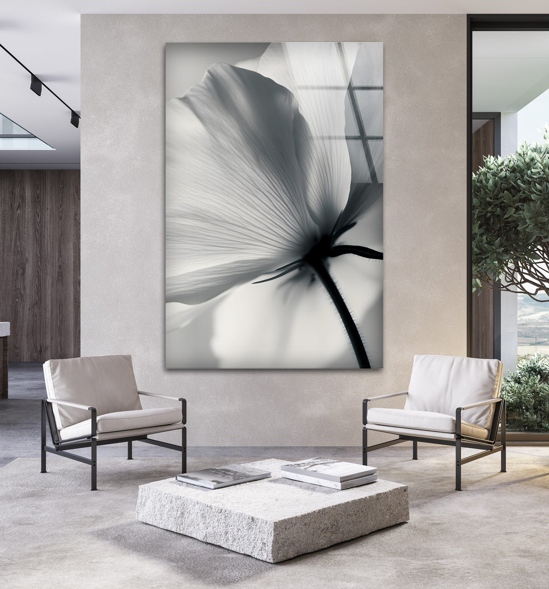 Delicate Floral Design: Black and white bloom on glass wall art, bringing an elegant and serene touch to any room.
