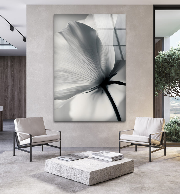 Delicate Floral Design: Black and white bloom on glass wall art, bringing an elegant and serene touch to any room.
