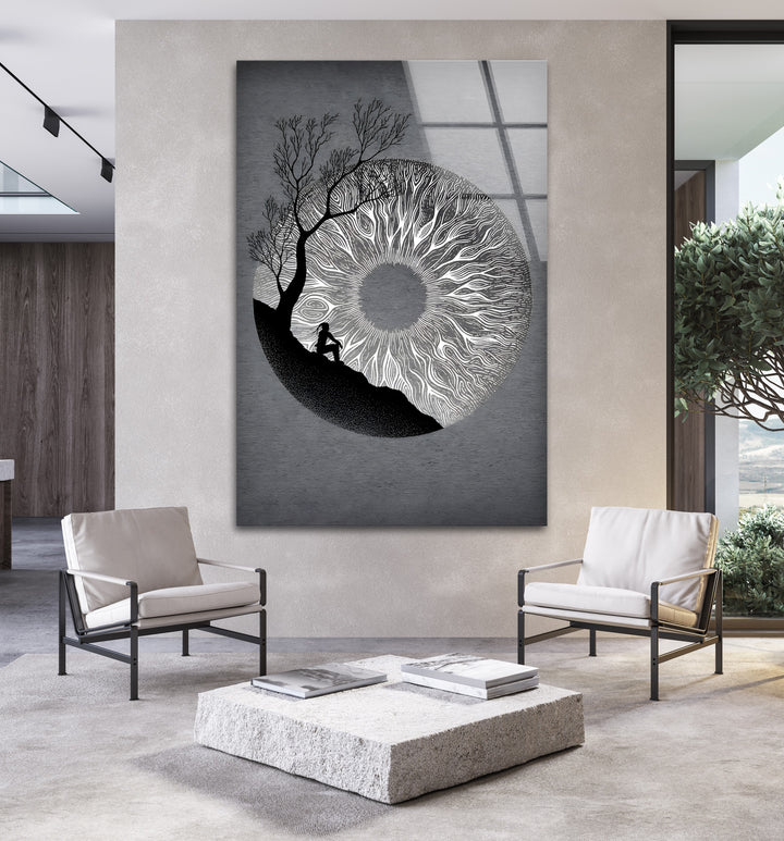 A stunning black and white painting capturing an ethereal scene where nature and consciousness intertwine.

