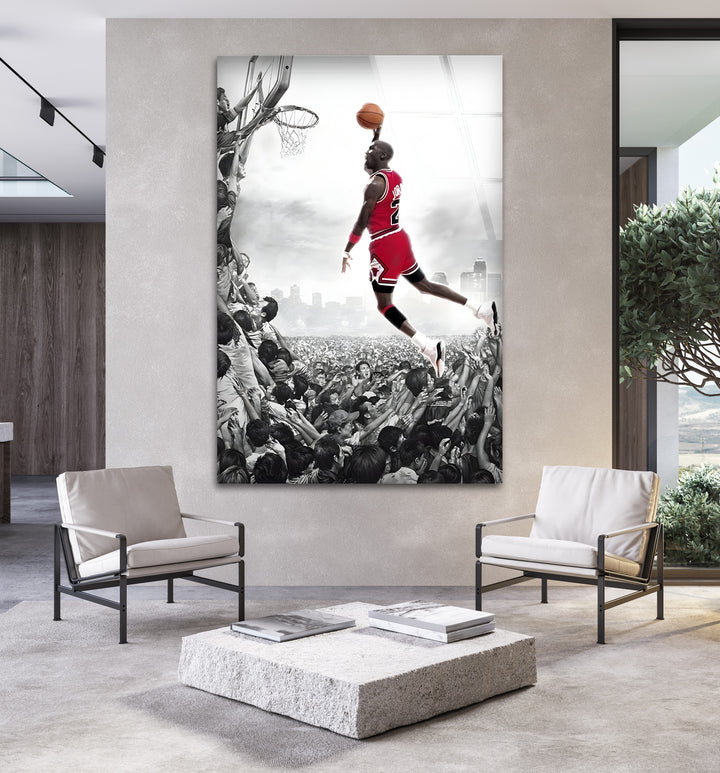 Witness MJ’s gravity-defying dunk in this stunning glass artwork that brings the energy of the court to your space.