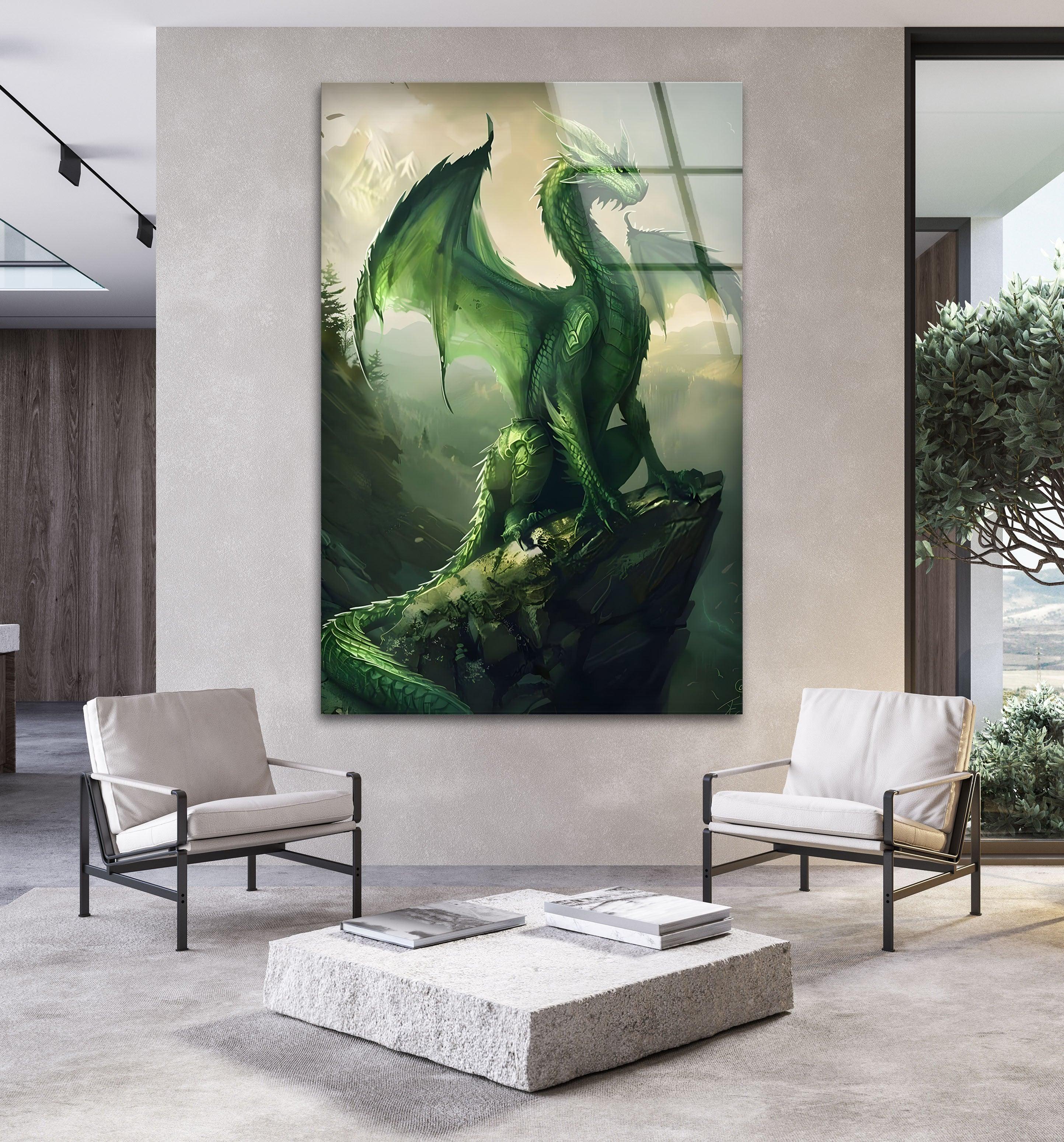 Majestic Green Dragon Glass Wall Art - Fantasy Artwork
