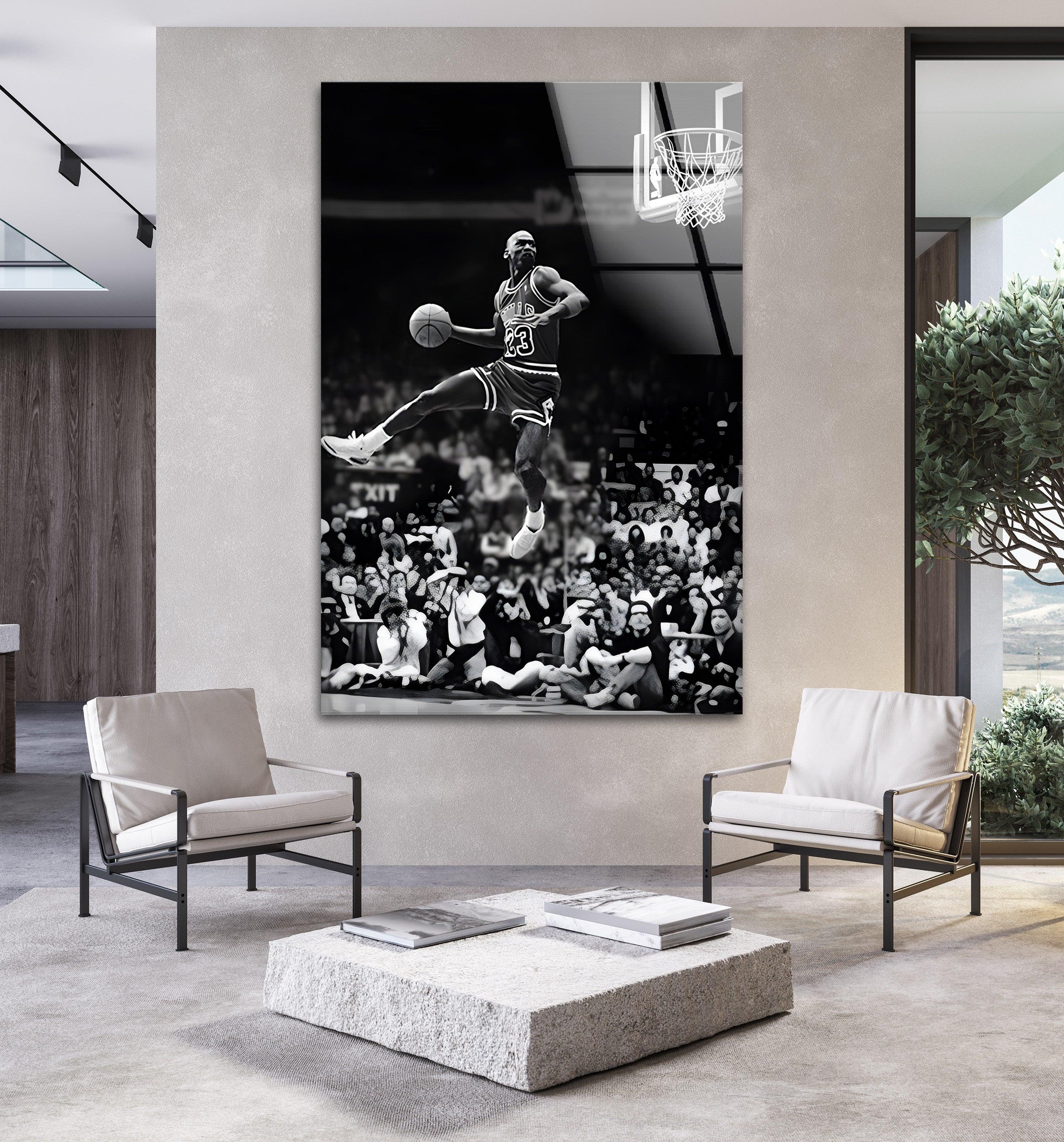 Michael Jordan Dunk | Black and White Basketball Glass Wall Art