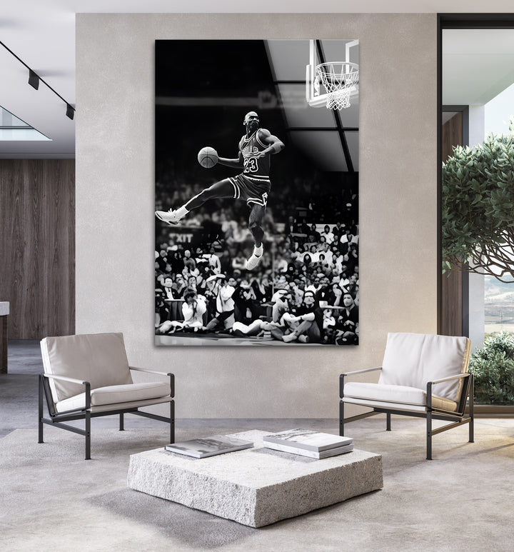 A striking black and white framed art piece showcasing Jordan’s incredible athleticism.

