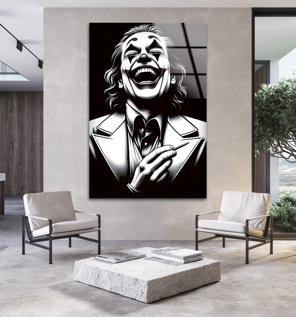 A striking black and white wall decor piece that showcases a mysterious laughing clown with intense expression.

