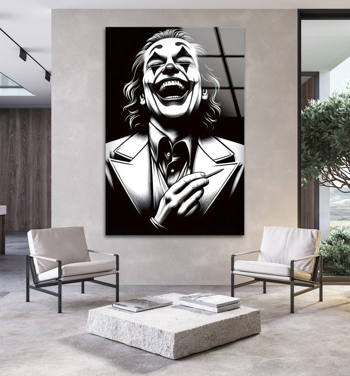 A striking black and white wall decor piece that showcases a mysterious laughing clown with intense expression.

