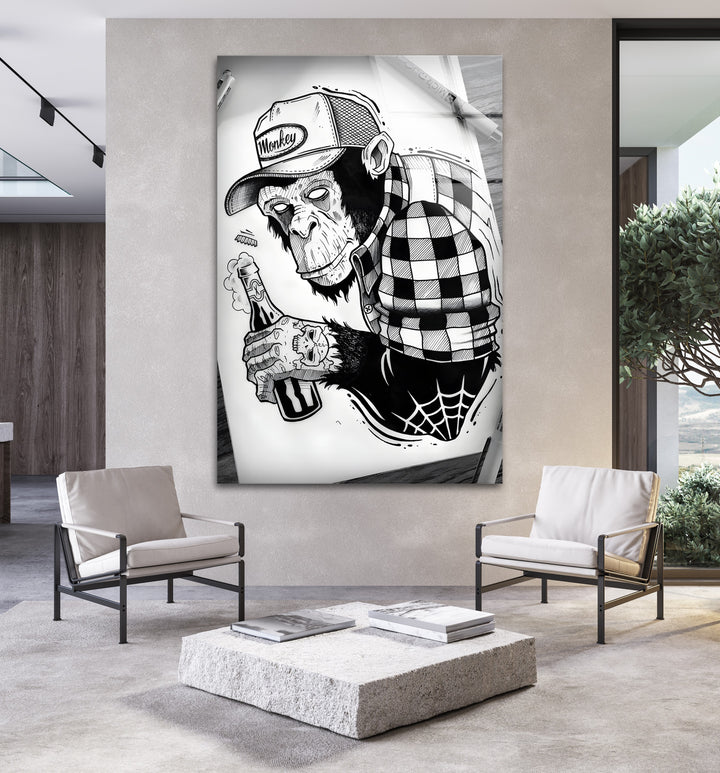 Unique Glass Wall Art with a Tattooed Monkey Illustration
