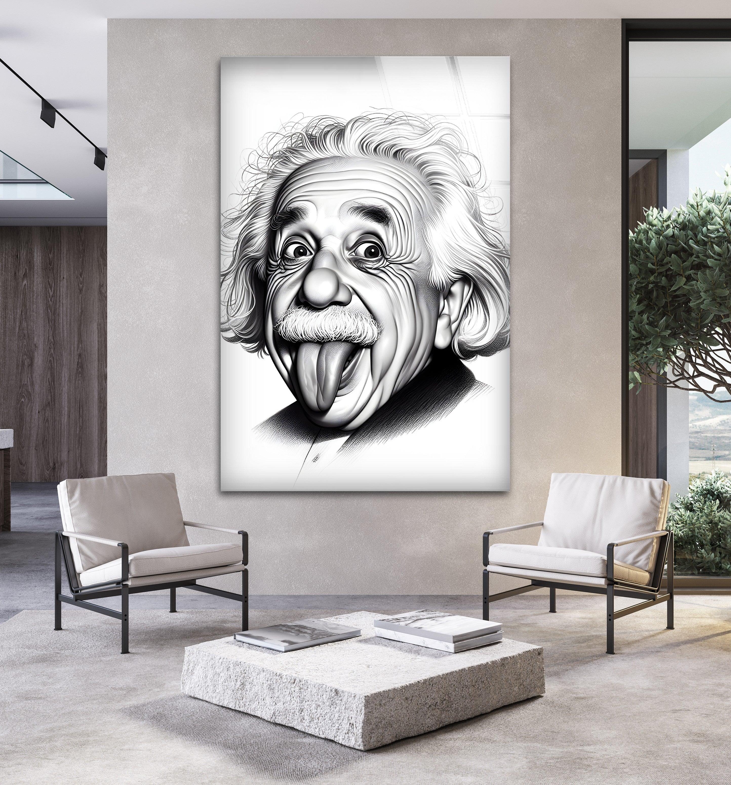 版画 roamcouch Einstein Albert Einstein Funny Face | Black and White Glass Wall Art