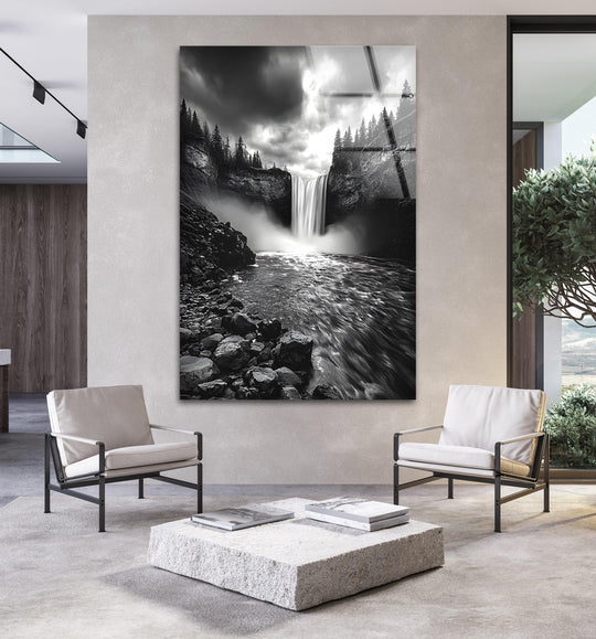 Elegant waterfall artwork in black and white, showcasing the beauty of cascading water and rocky landscapes.