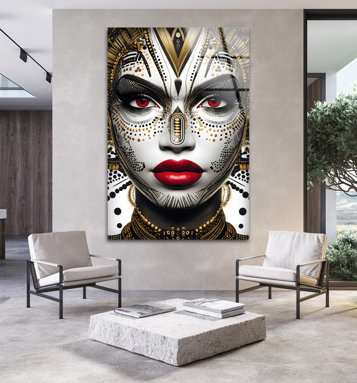 A high-impact black and white framed art piece capturing the beauty and strength of a tribal queen.

