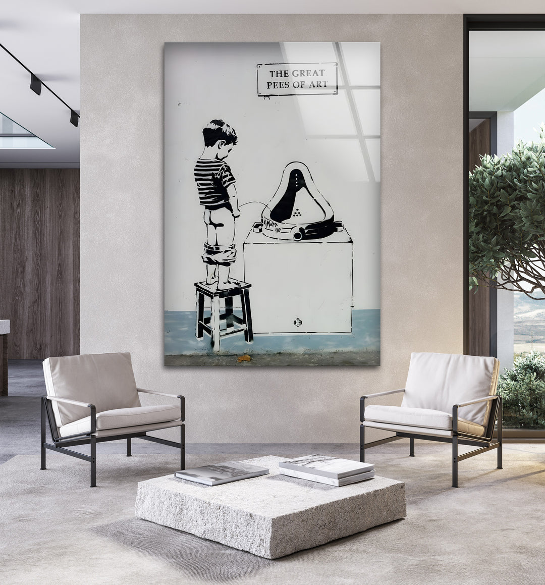 Minimalist yet impactful Banksy-style street art, beautifully printed on premium glass wall art.
