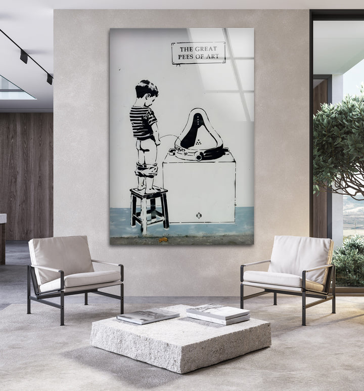 Minimalist yet impactful Banksy-style street art, beautifully printed on premium glass wall art.
