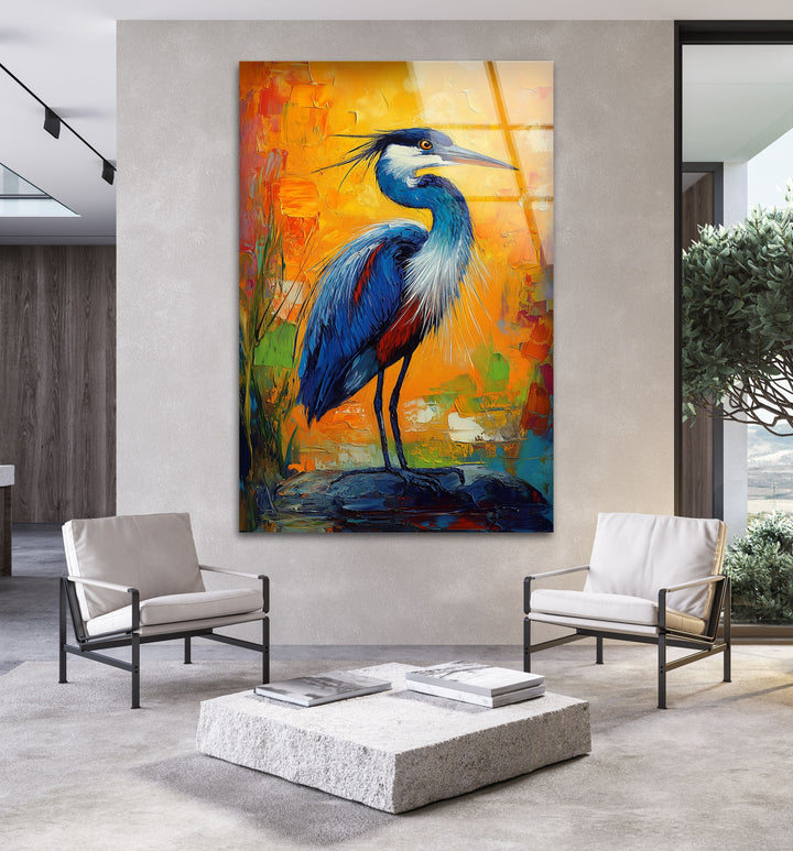 Lebendige Majestät – Abstrakter Reiher in kräftigen Farben, Glaswandkunst