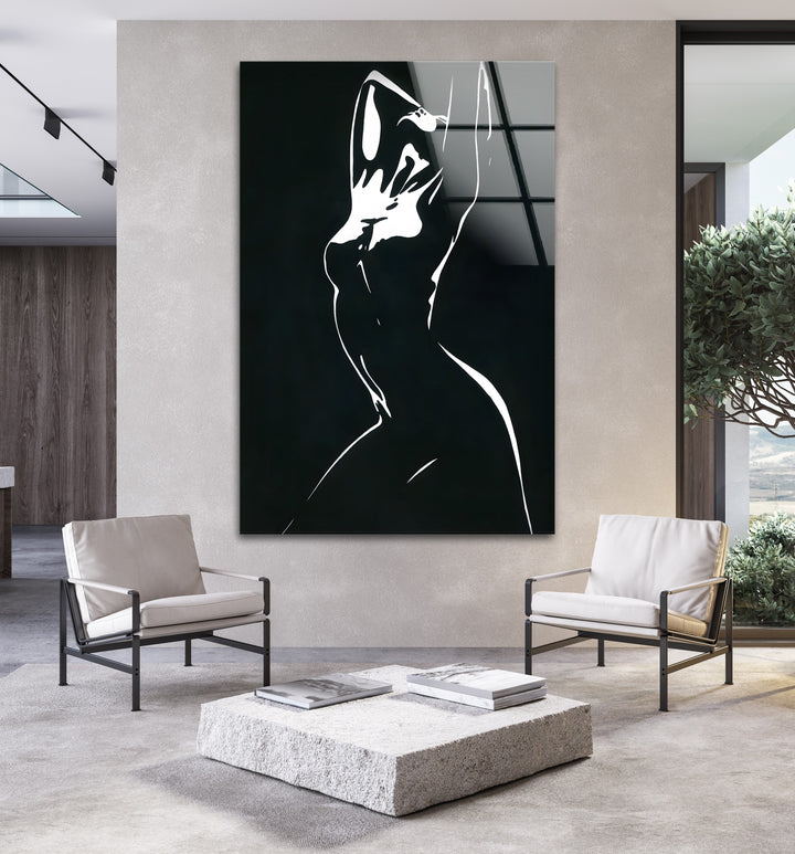 Sophisticated abstract female figure on glass wall art, ideal for modern and minimalist spaces.