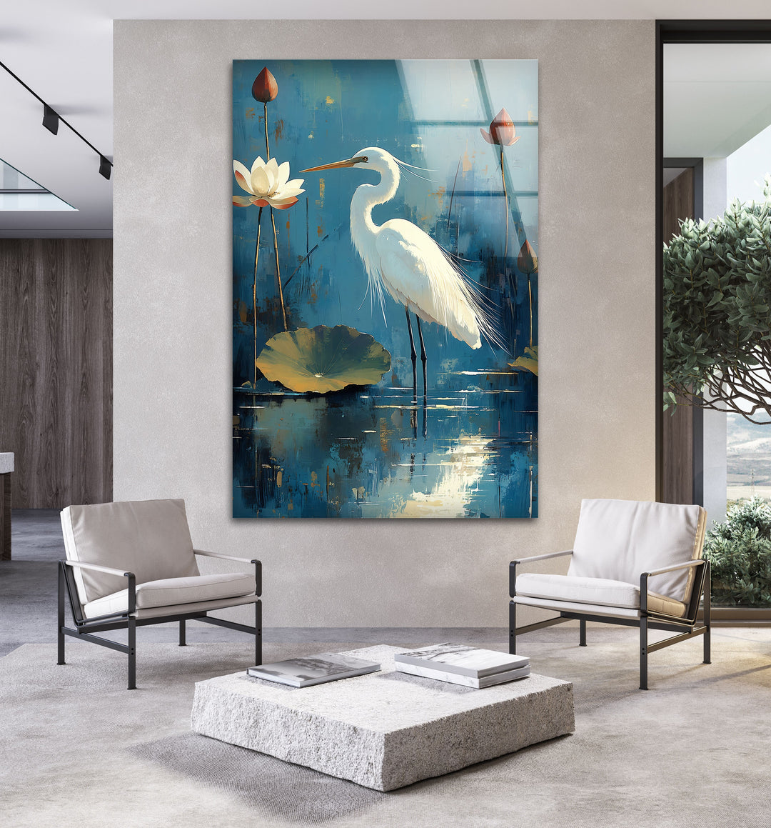 Lotus Grace – Wandbild aus Glas mit weißem Reiher und Seerose