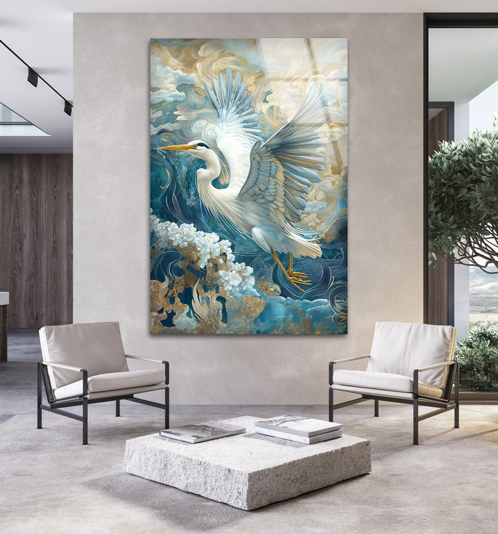 Celestial Flight – Verzierter Reiher mit Gold- und Blumenmotiven aus Glas