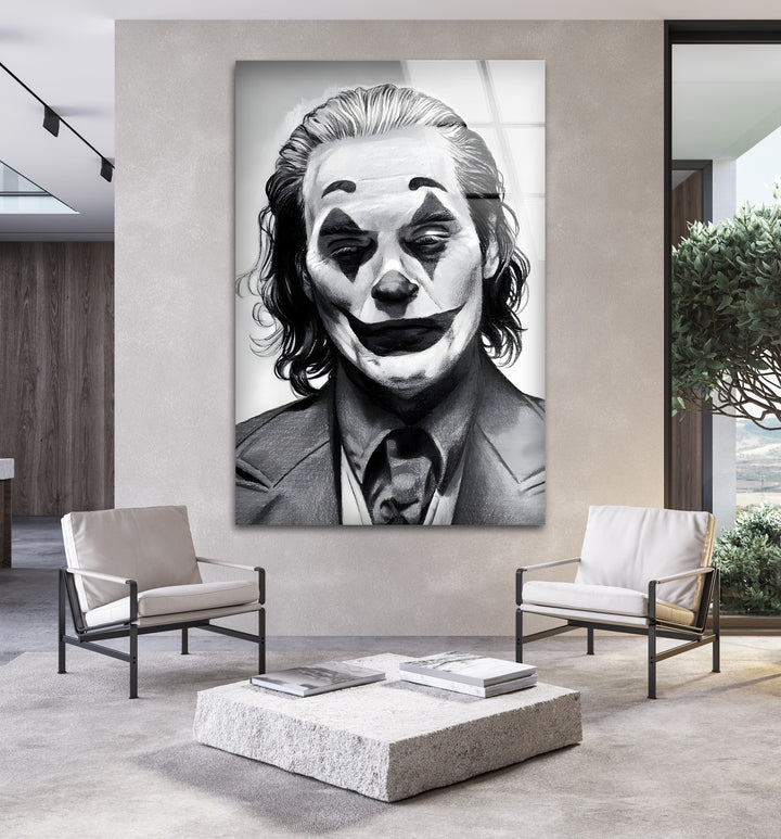 Joker’s Chaos: Bold Black and White Portrait on Glass Wall Art

