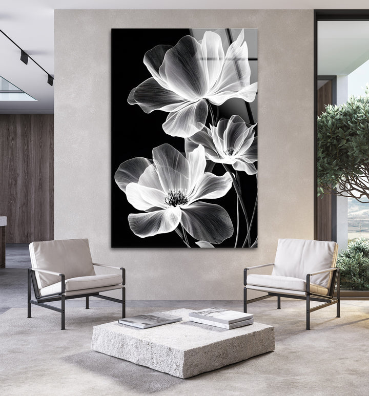 Minimalist and sophisticated floral glass wall art, perfect for contemporary interiors.