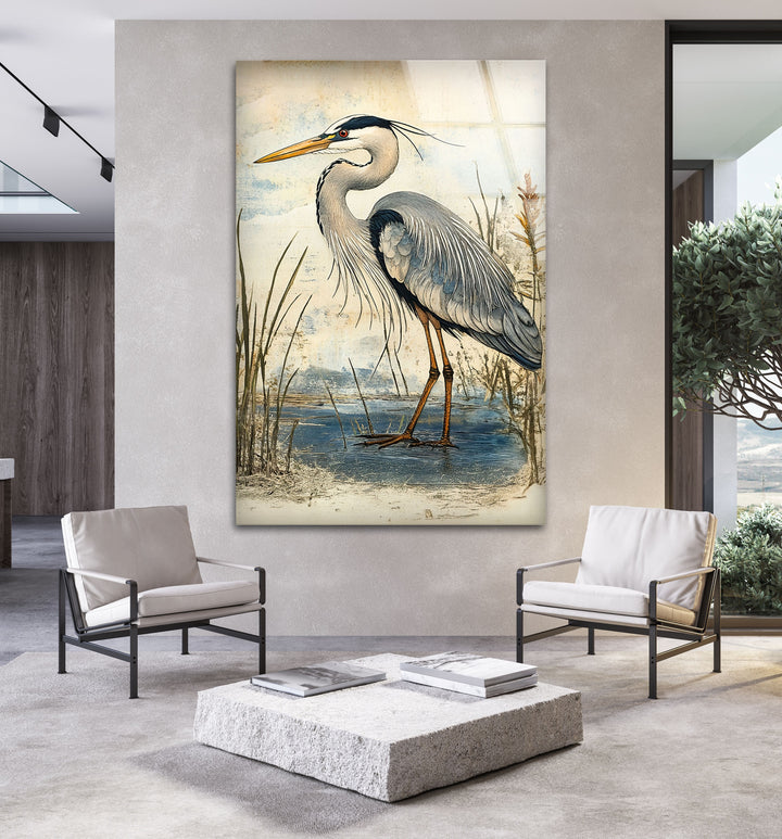 Marshland Poise – Vintage Reiher Illustration Glaswandkunst