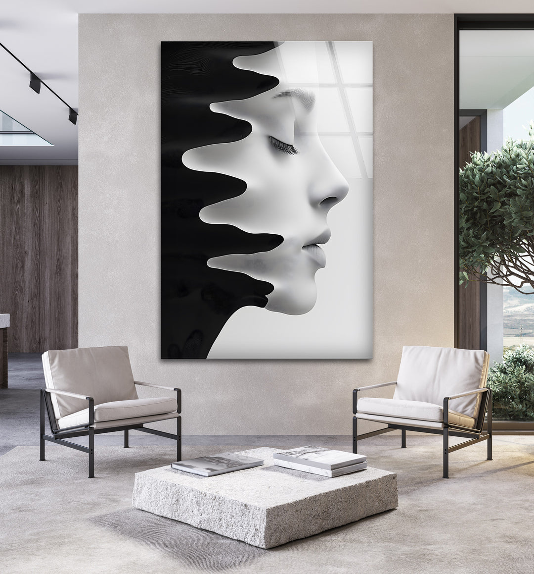 Black and white profile with dynamic shapes, elegantly printed on glass.
