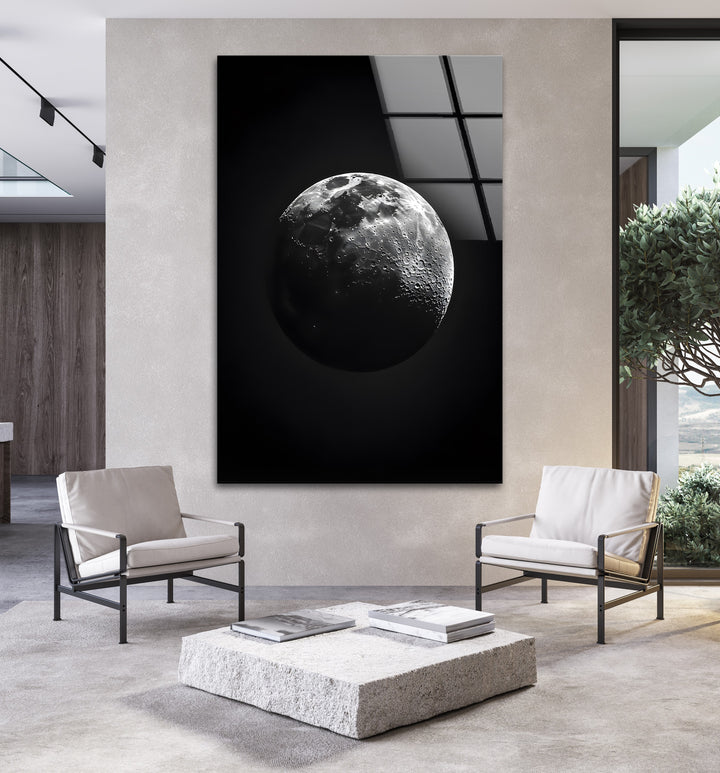 Moonlit Serenity: A Beautiful Glass Wall Art of the Moon in Black and White
