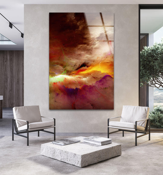 Abstract glass wall art decor features a dramatic explosion of vibrant, layered colors with a sense of deep, ethereal depth.
