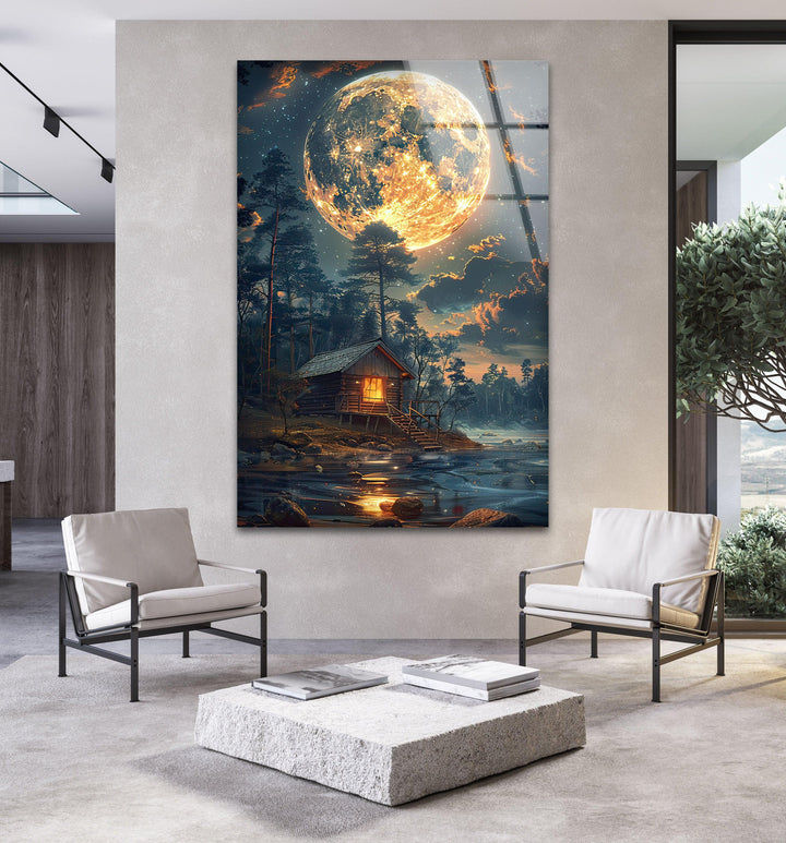 Moonlit cabin artwork capturing a peaceful and enchanting forest retreat.
