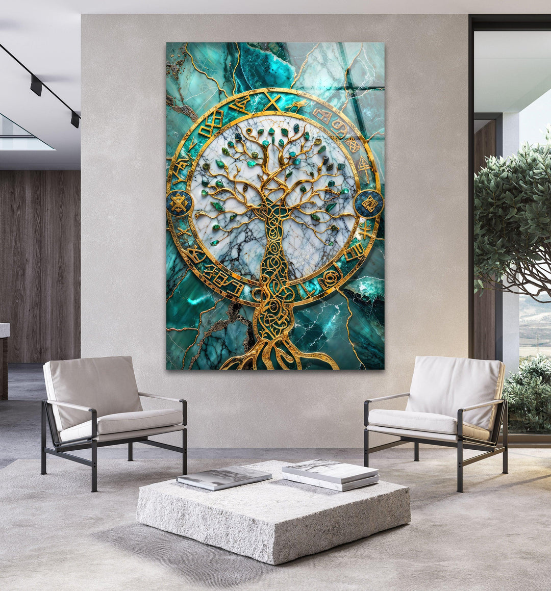 Golden & Blue Life of Tree Glass Wall Art glass wall decor, glass wall art decor