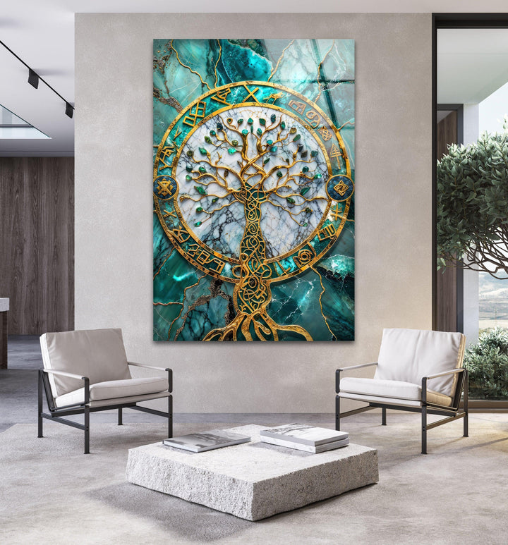 Golden & Blue Life of Tree Glass Wall Art glass wall decor, glass wall art decor