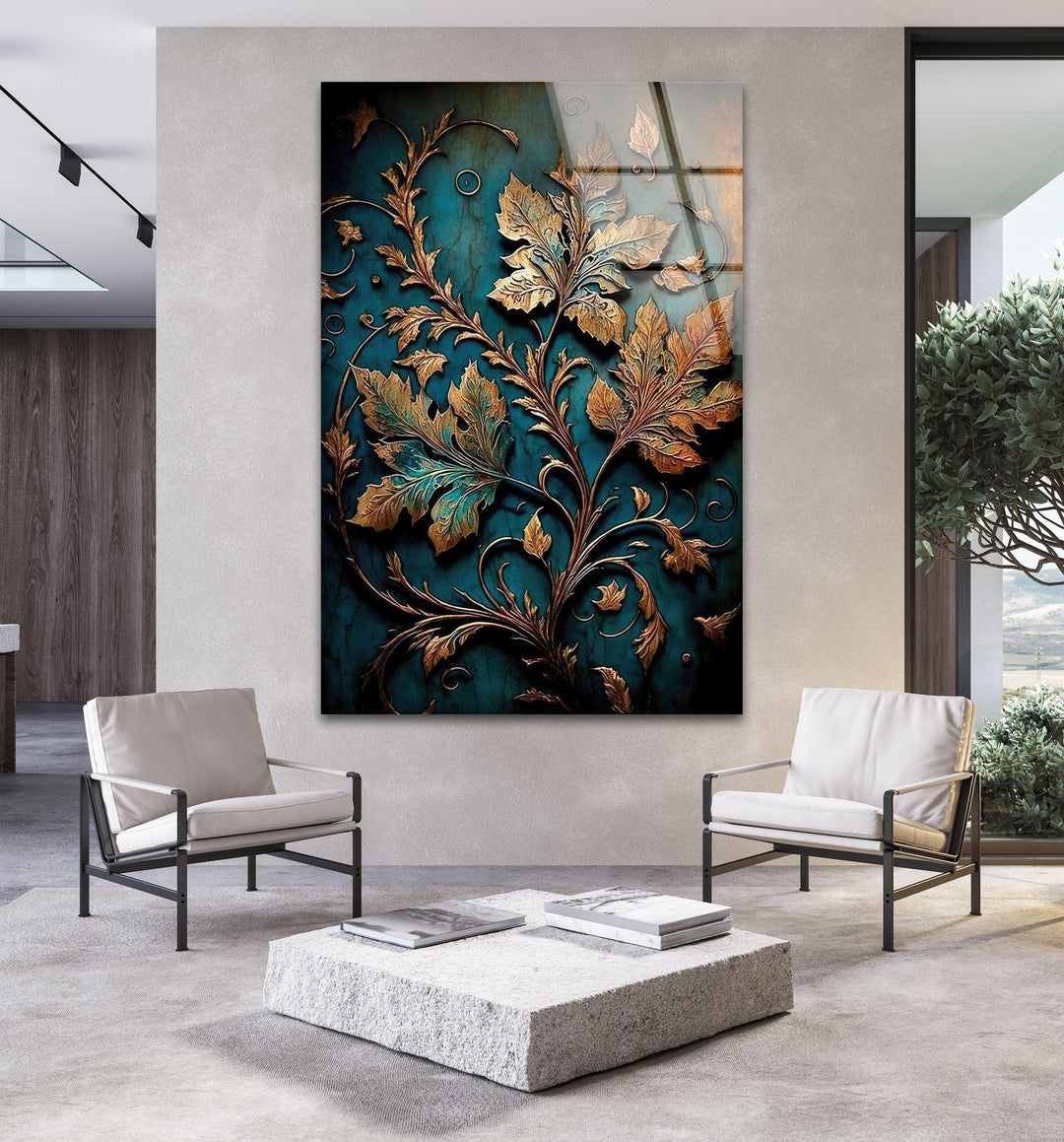 Copper Relief Leaves Glass Wall Art, Glass Printing Wall Art, Print photos on glass