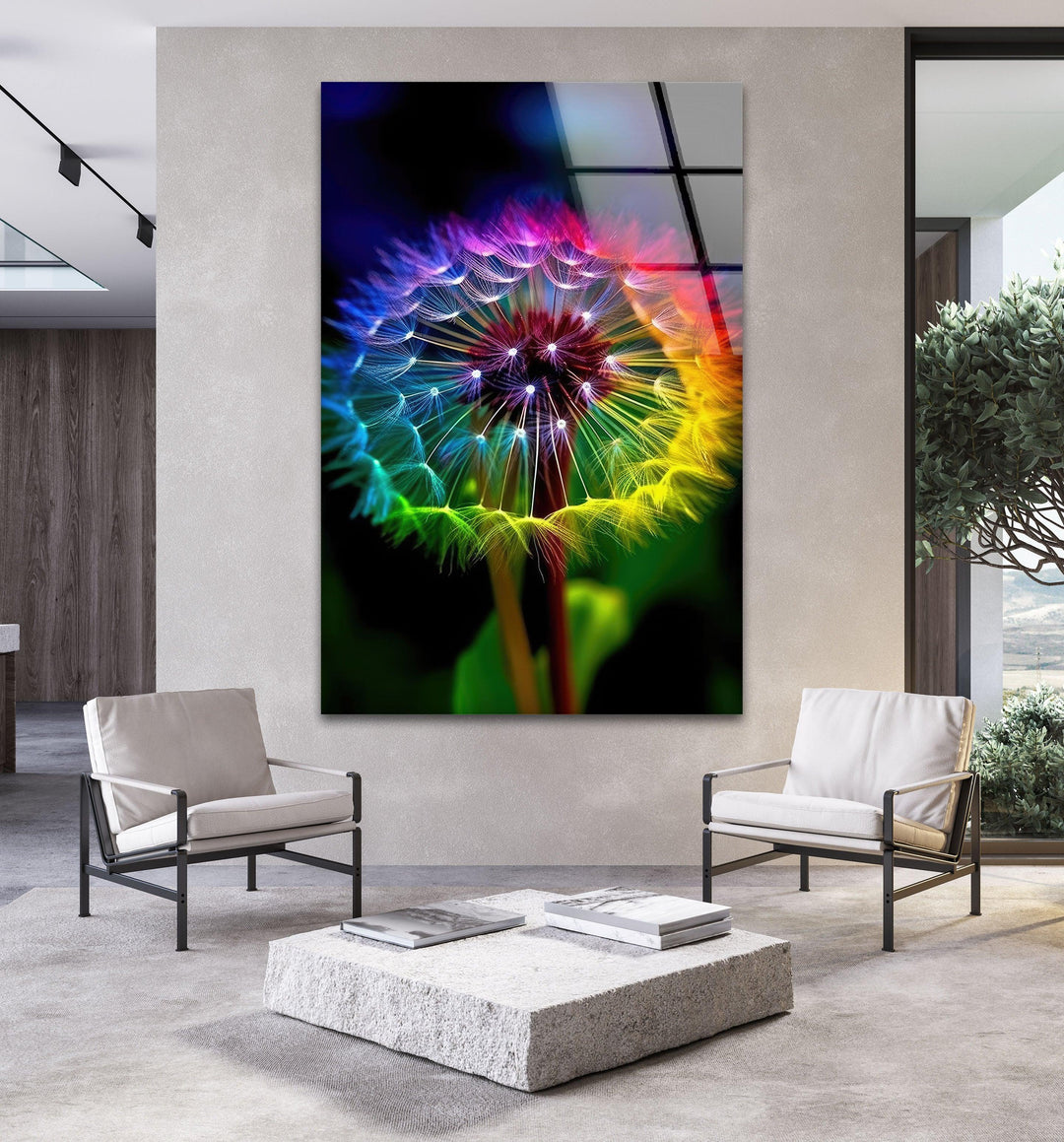 Rainbow Colors Dandelion Glass Wall Art, Glass Printing Wall Art, Print photos on glass