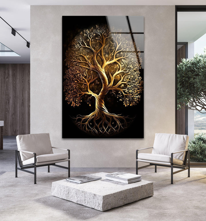 Life of Tree Gold Glass Wall Art picture on glass wall art, photos printed on glass