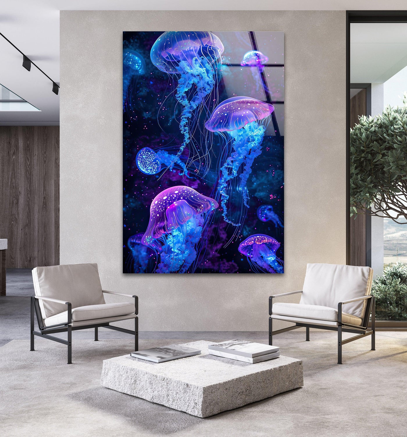 Dark navy depths and bioluminescent purple specks highlight the glowing jellyfish in this decorative wall art.