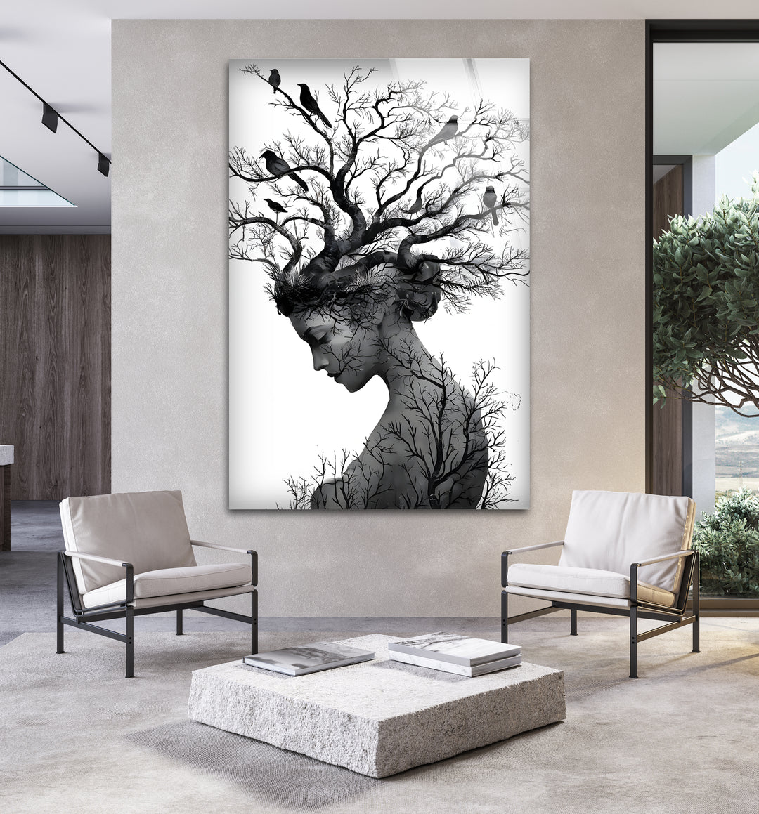 Nature’s Essence – Black & White Abstract Woman with Tree Hair Wall Art