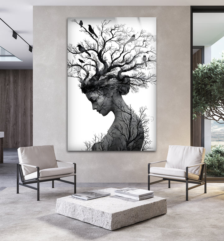 Nature’s Essence – Black & White Abstract Woman with Tree Hair Wall Art