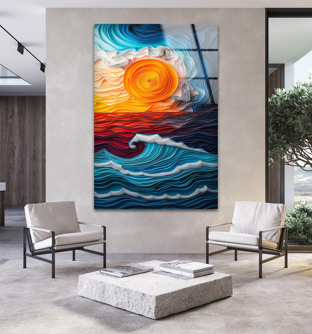 Large landscape wall art showcasing swirling ocean waves with vibrant colors.
