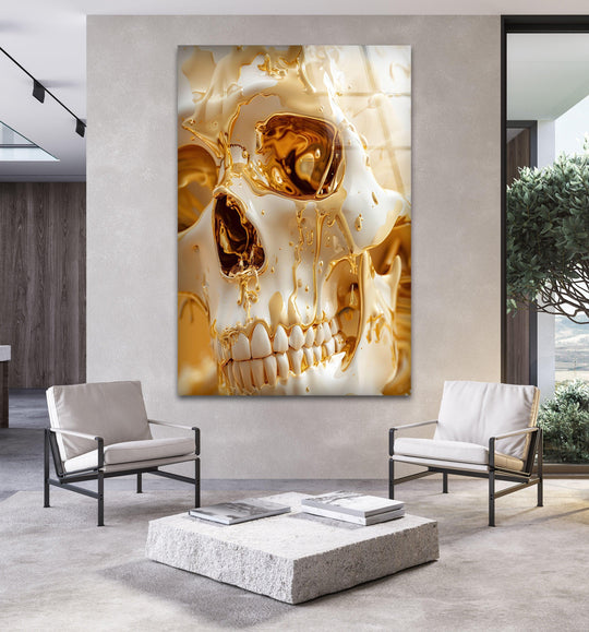 A modern living room with textured walls and minimalist furniture provides a neutral backdrop for this striking glass wall art.