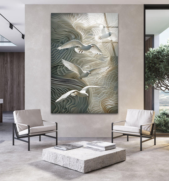 The birds flying glass wall art shows seagulls in flight with white and gray tones and it is a birds themed glass print for animal wall decor