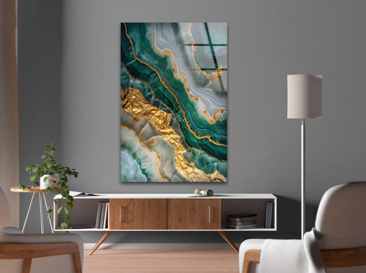 Wandkunst aus grün-goldenem Marmor und Geode-Glas