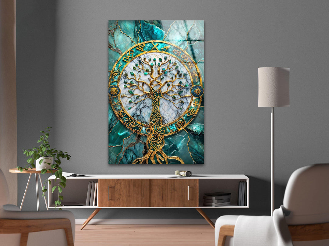 Golden & Blue Life of Tree Glass Wall Art glass image printing, glass prints from photos