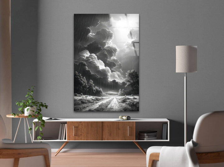 Glass wall art displaying a mesmerizing storm with deep contrasts.

