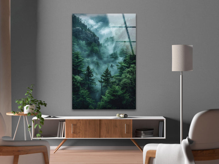 Large glass wall decor showcasing an enchanting and calming forest view.
