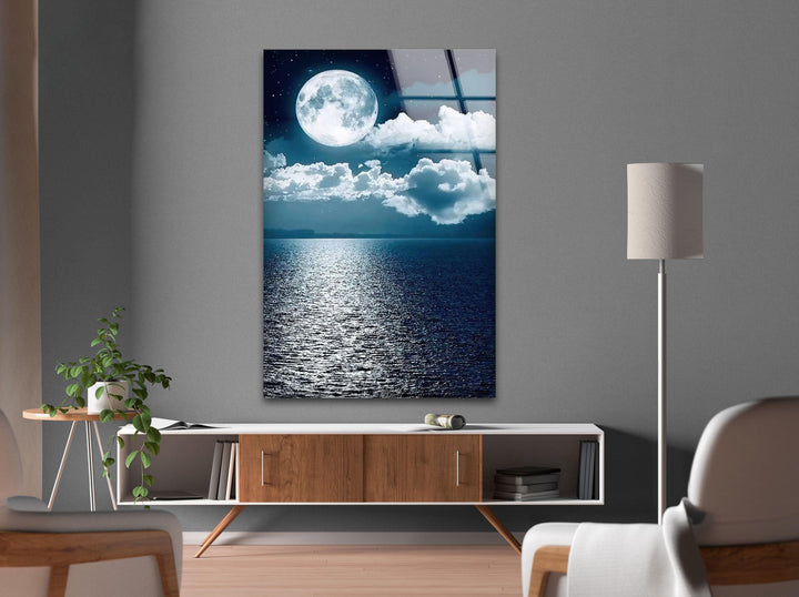 Moon and ocean artwork creating a peaceful and elegant atmosphere.
