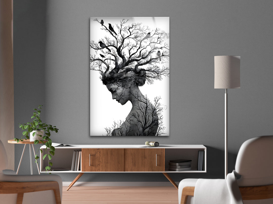 Nature’s Essence – Black & White Abstract Woman with Tree Hair Wall Art