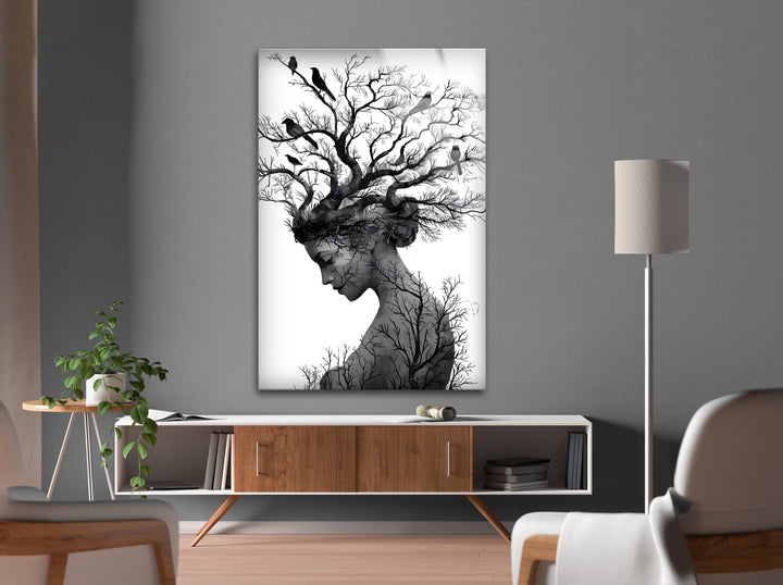 Nature’s Essence – Black & White Abstract Woman with Tree Hair Wall Art