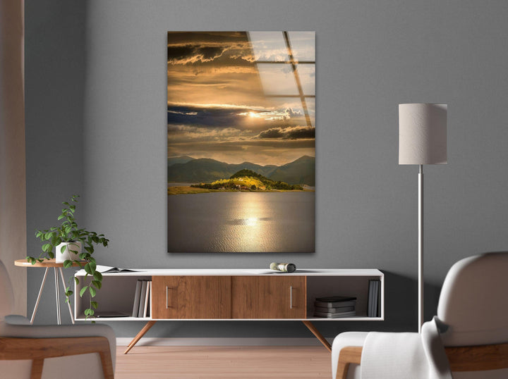 Large glass wall decor capturing the harmony of nature at dusk.
