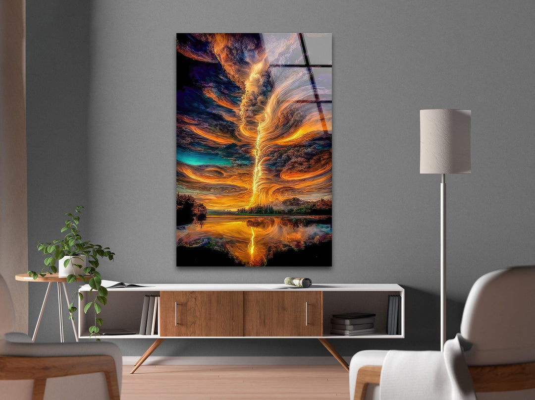 Large glass wall decor capturing the beauty and power of lightning in nature.
