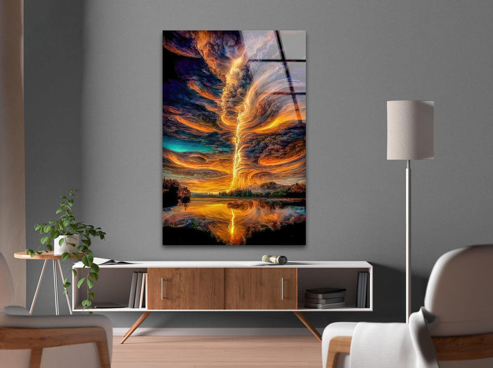 Large glass wall decor capturing the beauty and power of lightning in nature.
