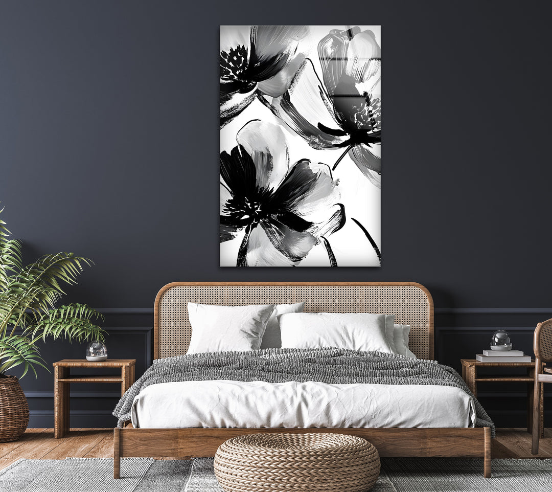 Black and white abstract floral art with expressive brushstrokes on high-quality glass wall art.
