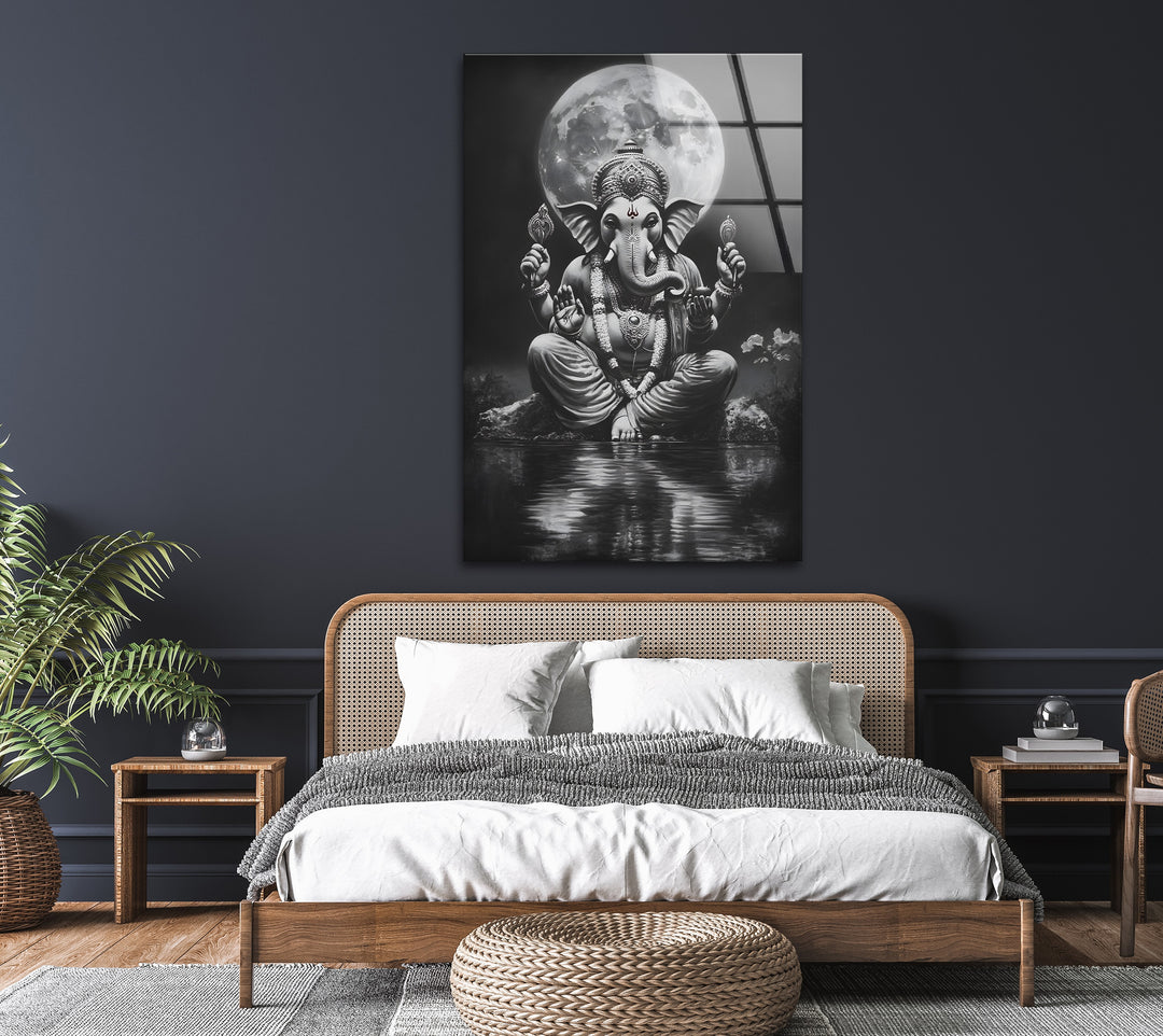 Spiritual and serene black and white glass wall art showcasing Lord Ganesha in a celestial setting.
